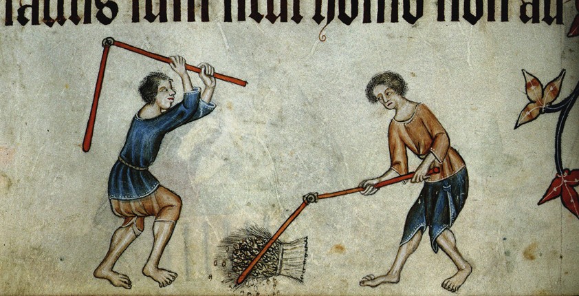Two men threshing sheaf (From the Luttrell Psalter) van Unbekannter Künstler