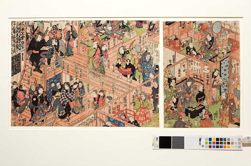 Blick vom zweiten Stockwerk ins Innere des Ichimura-Theaters in Edo van Utagawa Kunisada