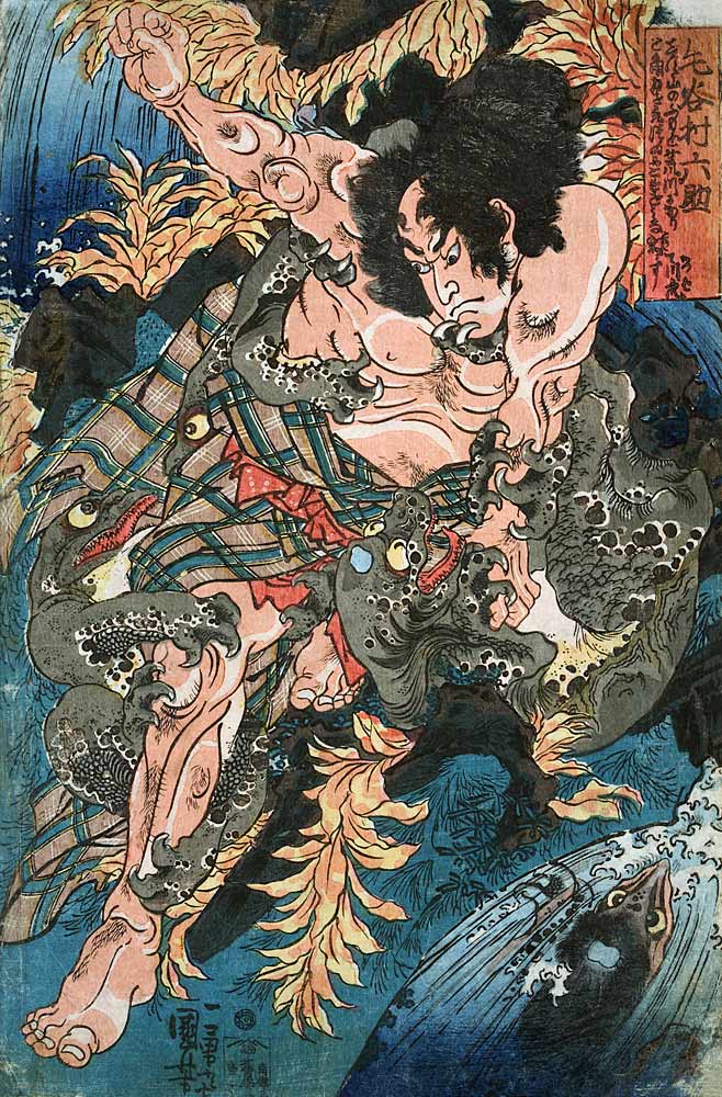 Rokusuke kämpft mit den Wassermännern (Aus einer unbetitelten Serie von Kriegerdarstellungen) van Utagawa Kuniyoshi