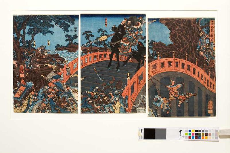 Chohi hält die Brücke von Chohan (Nach dem Roman Die Geschichte der Drei Reiche) van Utagawa Kuniyoshi
