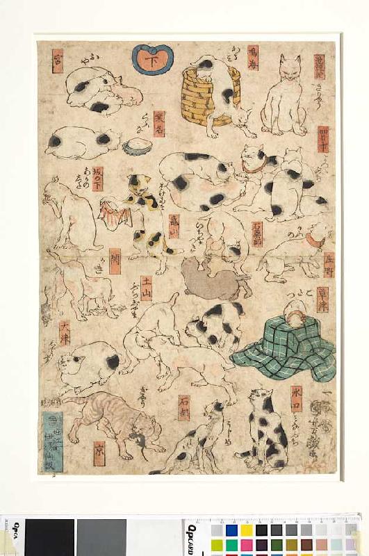 Scherzbild mit Katzen, die die Namen der Stationen am Tokaido verspotten van Utagawa Kuniyoshi