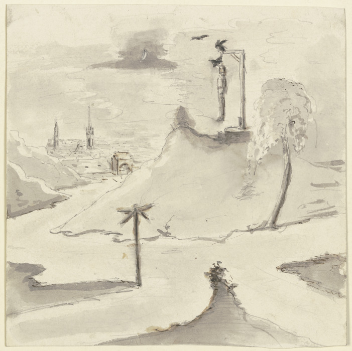 Ein Mann hängt am Galgen, im Hintergrund eine Stadt van Victor Müller
