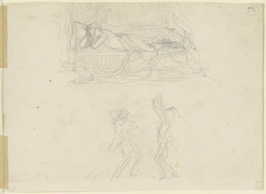Frau, mit aufgestütztem Kopf bäuchlings auf einem Bett liegend, darunter zwei tanzende Gestalten van Victor Müller