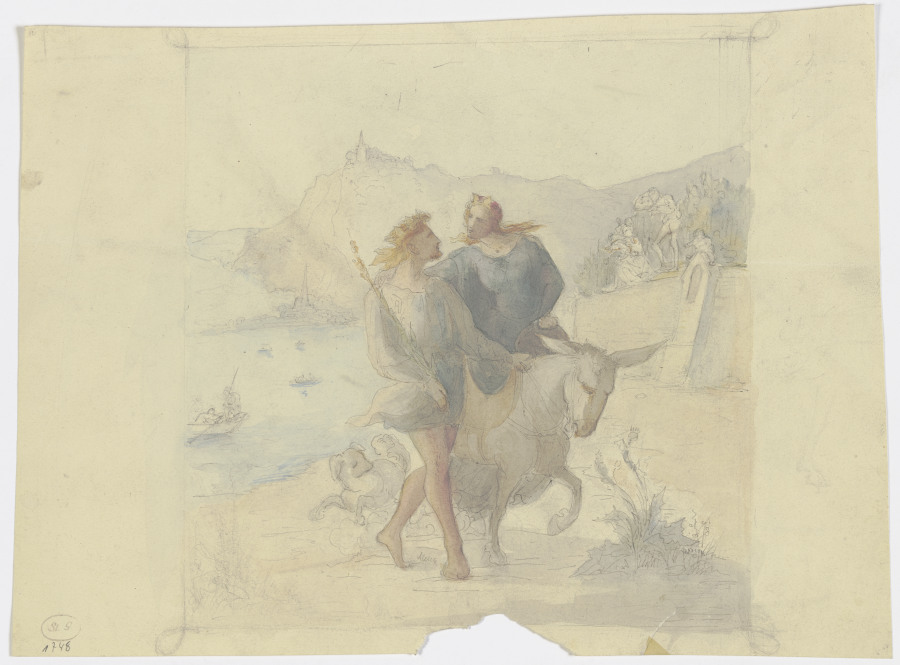 Junger König, die auf einem Esel reitende Königin durch eine Landschaft führend van Victor Müller