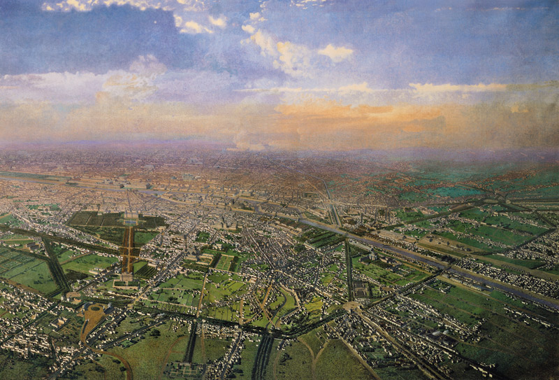 General view of Paris from a hot-air balloon van Victor Navlet