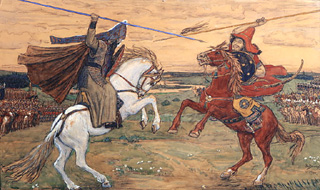 Peresvet und Tschelubey kämpfen auf dem Kulikov-Schlachtfeld 1380 van Viktor Michailowitsch Wasnezow