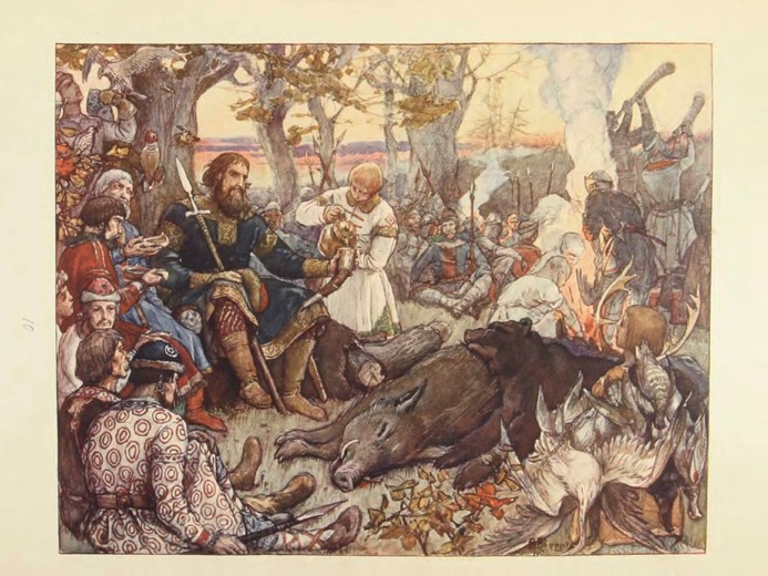 Rest of Grand Prince Vladimir II Monomakh on the Hunt. (The Imperial Hunt in Russia by N. Kutepov) van Viktor Michailowitsch Wasnezow