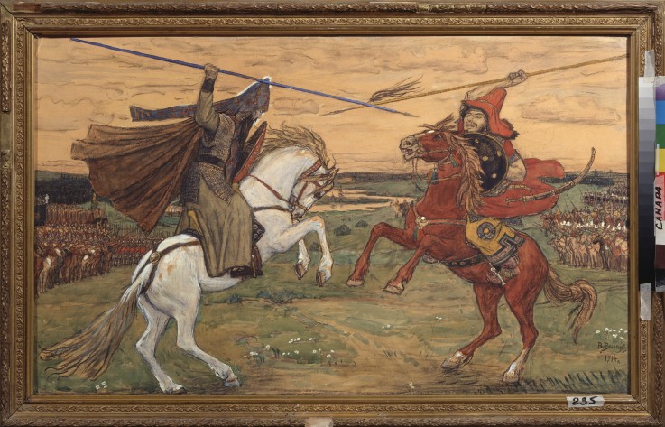 Single combat of Peresvet and Temir-murza on the Kulikovo Field in 1380 van Viktor Michailowitsch Wasnezow