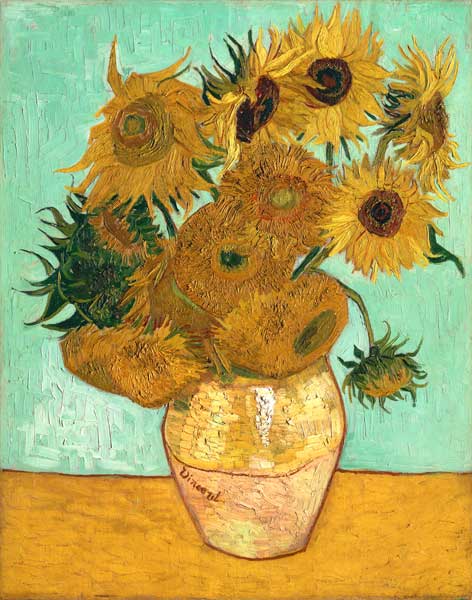 Vaas met 12 zonnebloemen schilderij van Vincent van Gogh - verkrijgbaar als  kunstdruk, als poster, op canvas, als olieverfschilderij of op  dibond/acrylglas Als reproductie kunstdruk of als handgeschilderd  olieverfschilderij