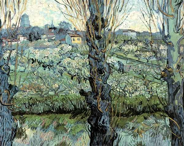 Boomgaard in bloei met uitzicht op Arles Vincent van Gogh