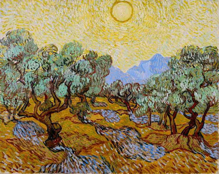 Olijfbomen met gele hemel en zon  - Vincent van Gogh