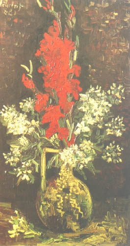 Vase mit Gladiolen und Nelken van Vincent van Gogh