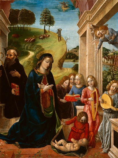 Adoration of the Child with St. Benedict and Angels van Vincenzo Foppa