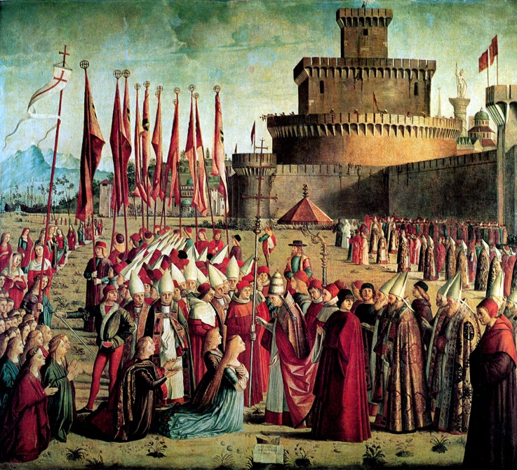 The Pilgrims are met by Pope Cyriacus in front of the Walls of Rome (The Legend of Saint Ursula) van Vittore Carpaccio