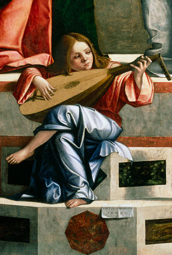 Minstrel angel playing a lute, detail from The Presentation of Jesus in the Temple van Vittore Carpaccio