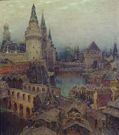 Moskau im 17. Jahrhundert. Abenddämmerung am Auferstehungstor van Apolinarij Wasnezow