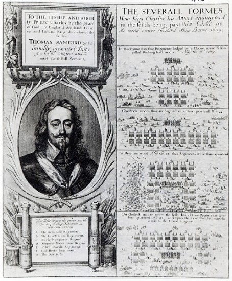 Portrait of King Charles I with diagrams showing the formation of his troops during the Bishops'' Wa van Wenceslaus Hollar