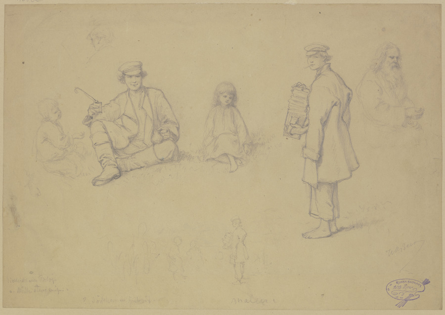 Studienblatt: verschiedene im Gras stehende und sitzende Figuren van Wilhelm Amandus Beer