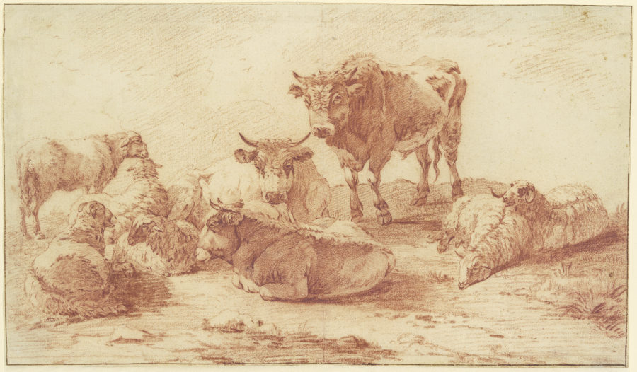 Gruppe von drei Ochsen und sechs Schafen van Willem Romeyn