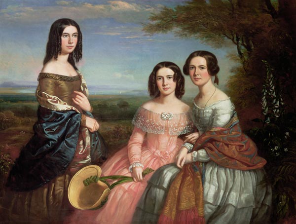 Group portrait of three girls in a landscape van William Baker