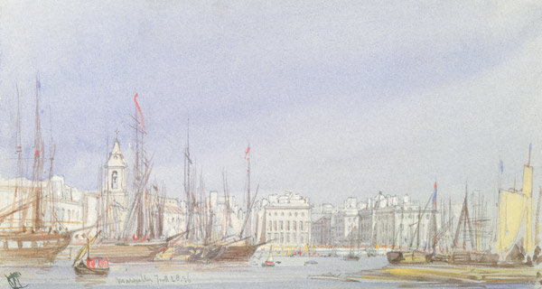 Marseilles, Shipping at Anchor and a Merchant Ship Becalmed, 28th July 1836 van William Callow