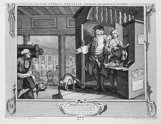 The Industrious ''Prentice a Favourite and Entrusted his Master, plate IV of ''Industry and Idleness van William Hogarth