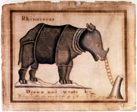 'Rhinoceros, drawn and wrote by William Twiddy who never had the use of hands or feet' van William Twiddy