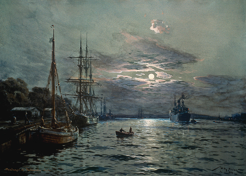 Mondnacht im Hafen von Swinemünde van Willy Stöwer